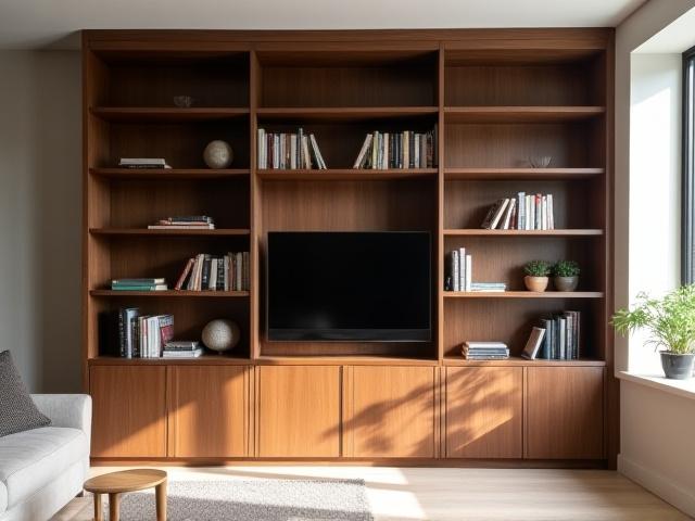 Opbevaring: Custom-bygget bogreolsystem i valnød