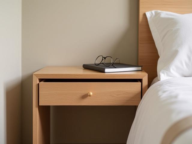 Soveværelse: Specialfremstillet natbord med en skjult skuffe