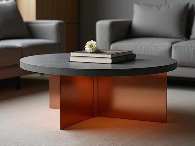 Stue: Unikt kaffebord med kobberdetaljer