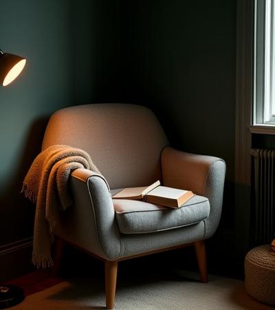 Komfortabel lænestol med blødt uldbetræk i en hyggelig læsekrog