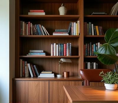 Indbygget bogreol i valnøddetræ i et hjemmekontor