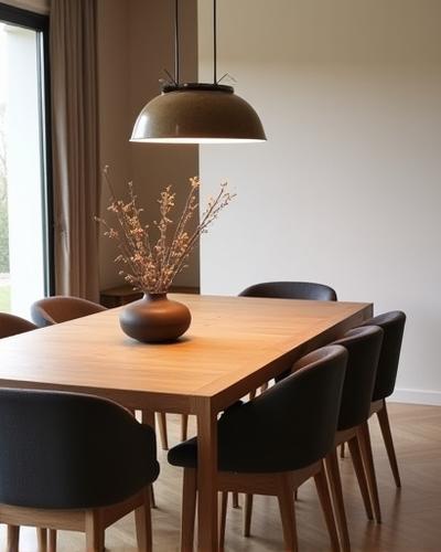 Massivt træ spisebord med matchende stole i en moderne spisestue