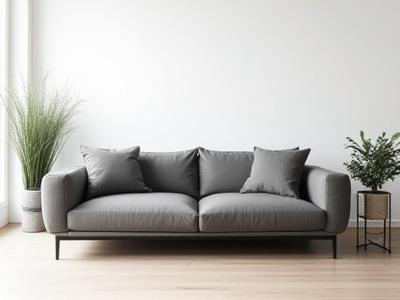 Elegant sofa i grå nuancer i et minimalistisk stuemiljø