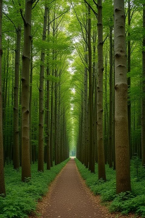 Nøgne træstammer, der ligger stablet i et skovbillede, symboliserende bæredygtigt skovbrug og materialevalg.