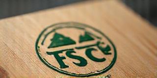 FSC certificeringslogo på en træplanke, symboliserende Flora Designs bæredygtighed