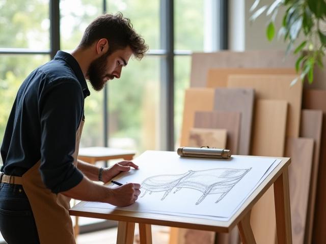 Professionel møbeldesigner der skitserer et unikt møbelstykke.