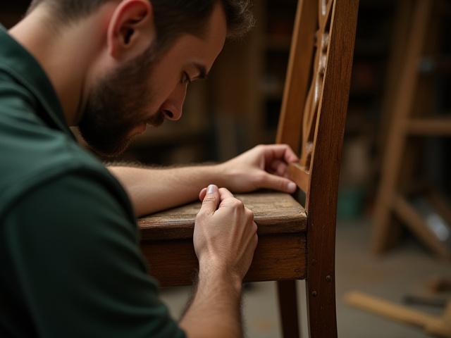 Håndværker der omhyggeligt restaurerer en gammel træstol i et værksted.