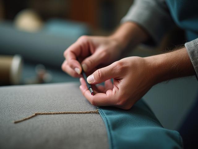 Detaljebillede af en håndværker der syr et luksuriøst stof på en sofa i et polstringsværksted.